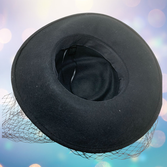 Elegant Black Wide Brim Dress Hat Rose Mesh Organza Bow Veil Church Derby Wool - Picture 5 of 9